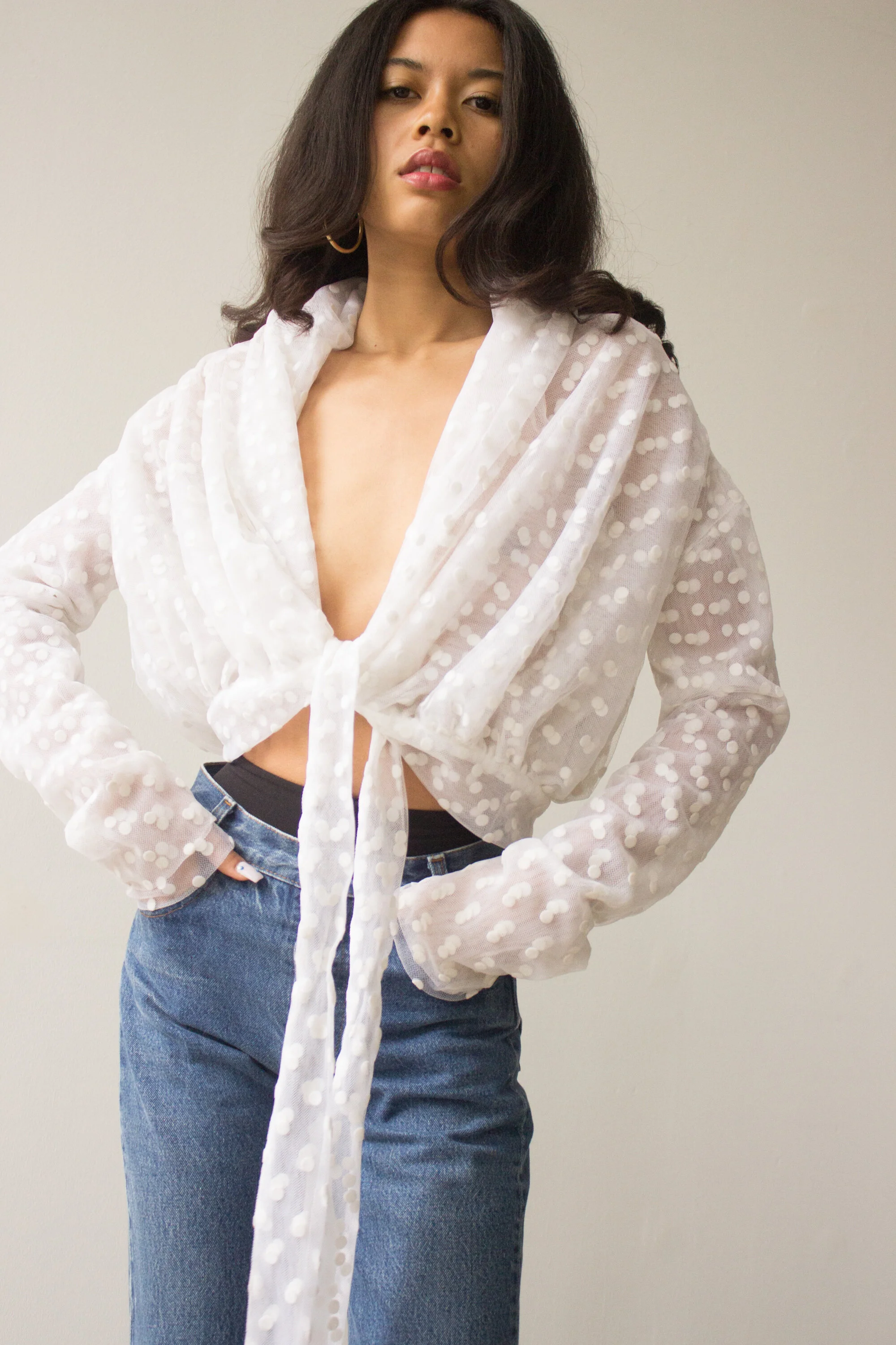 激レア！90's DOLCE&GABBANA タイガー　 フレアパンツ　モヘア ACA 1990s Dolce & Gabbana Polka Dot Mesh Wrap Top — Wayward Collection